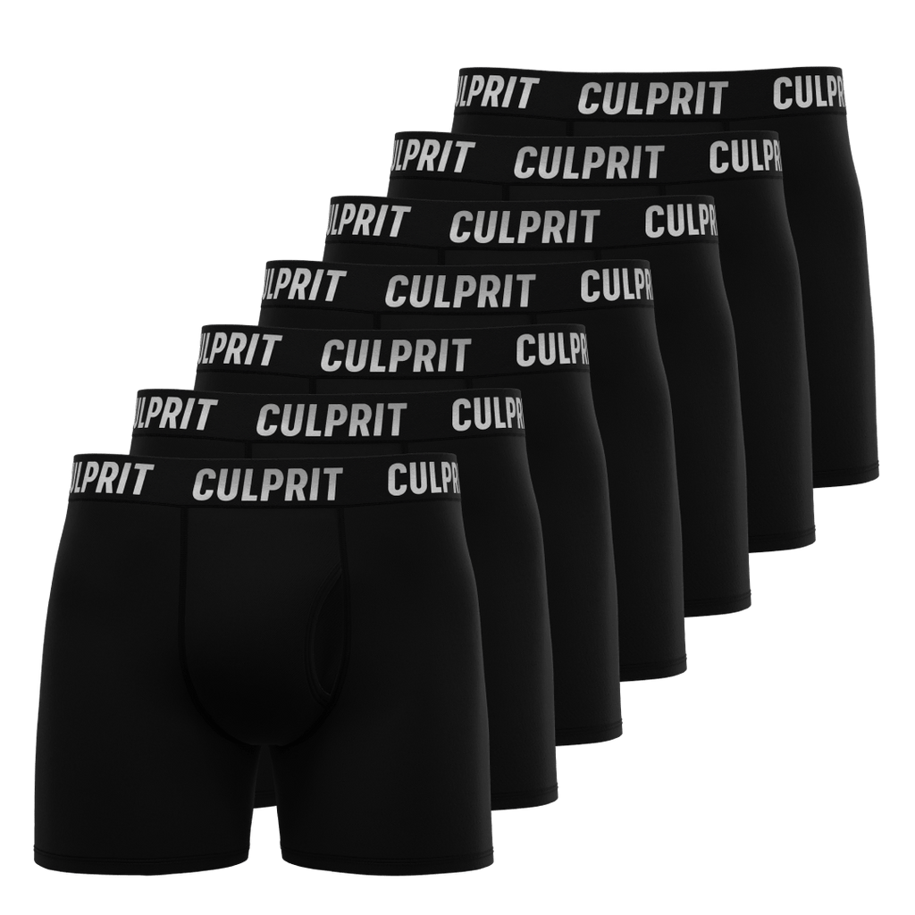A set of men Boxer Briefs Stealth Black 7-Pack arranged in row from Culpit Underwear.