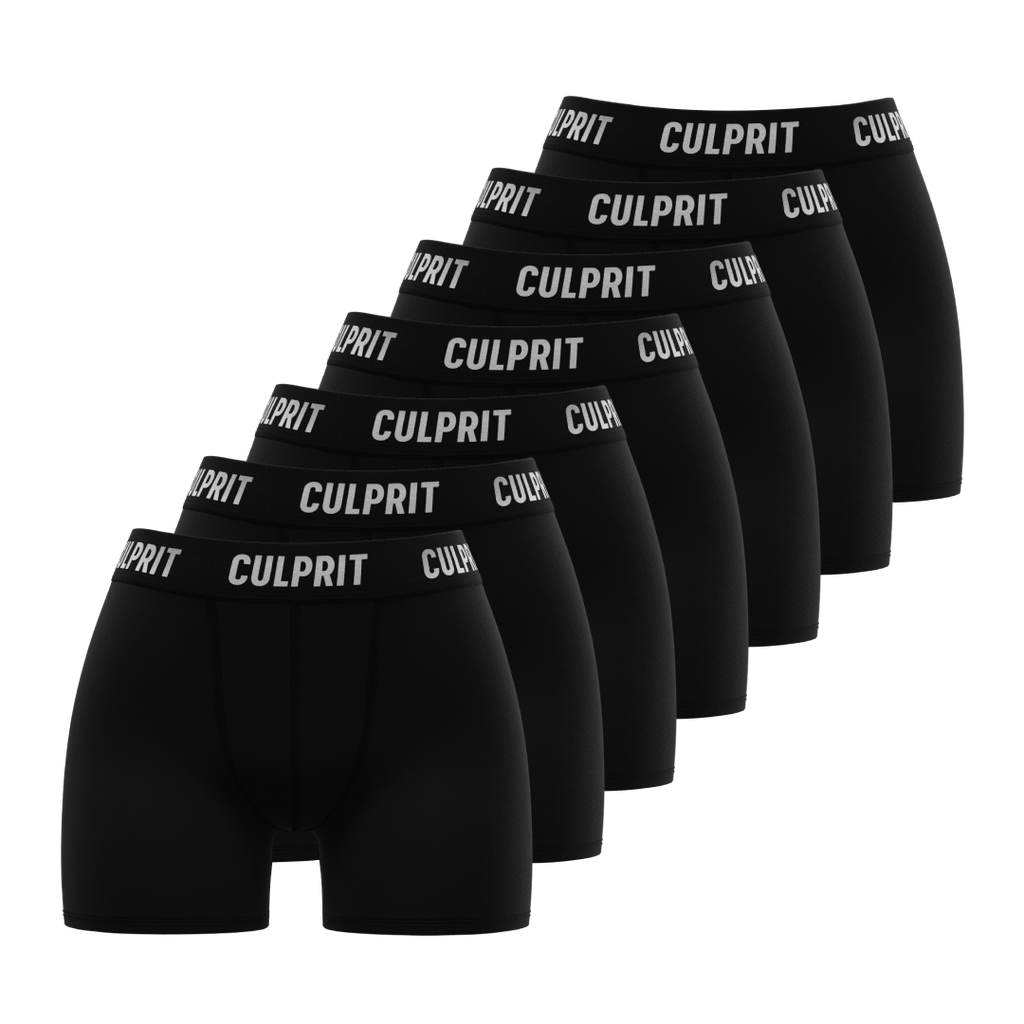  Pack of seven Stealth Black Ladyboxer from Culprit Underwear, neatly arranged in a row.